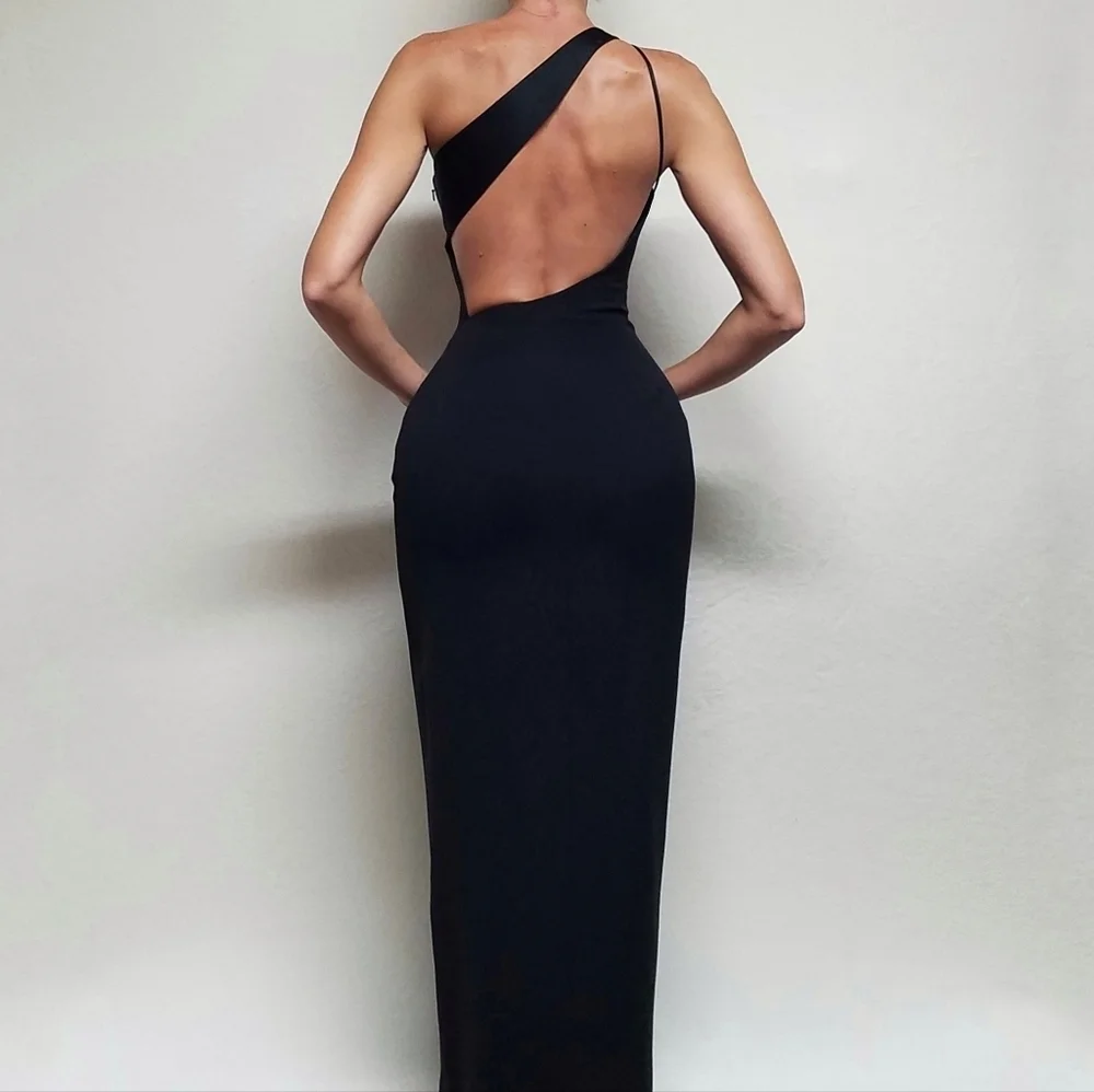 Vintage Andrea Polizzi Black Satin Crepe One-Shoulder Thigh Slit Backless Gown 6 - Picture 3 of 12